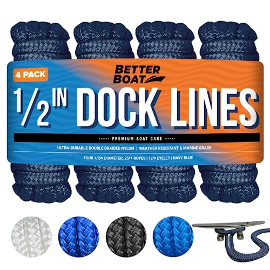 Dock Lines for Boats 4 Pack Double Braided Nylon Boat Rope with 12" Loop Marine Grade Mooring Line for Docking Navy
Dock Lines for Boats 4 Pack Double Braided Nylon Boat Rope with 12" Loop Marine Grade Mooring Line for Docking Navy