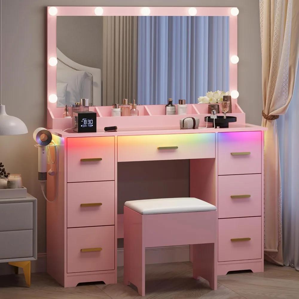Makeup Vanity with Large Lighted Mirror and Chair, 7 Drawers Vanity Makeup Desk Table with Power Strip, Adjustable Lighting, and
Makeup Vanity with Large Lighted Mirror and Chair, 7 Drawers Vanity Makeup Desk Table with Power Strip, Adjustable Lighting, and