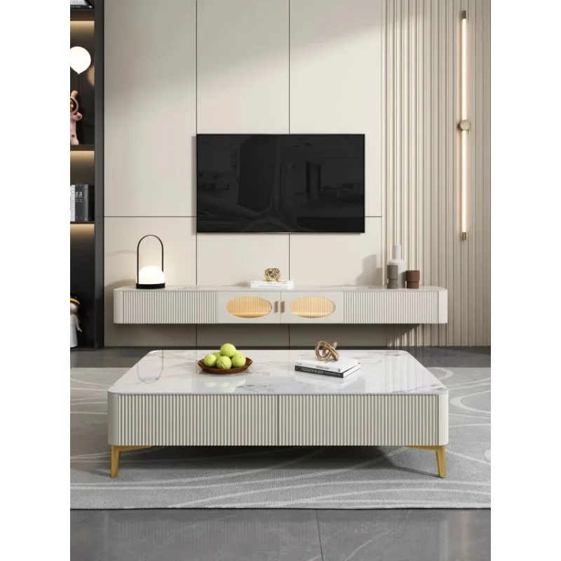 Комплект мебели для небольшой квартиры: подвесная тумба под телевизор с каменными панелями, журнальный столик, комбинация для гостиной, простой современный дизайн, легкая роскошь, минимализм.
Комплект мебели для небольшой квартиры: подвесная тумба под телевизор с каменными панелями, журнальный столик, комбинация для гостиной, простой современный дизайн, легкая роскошь, минимализм.