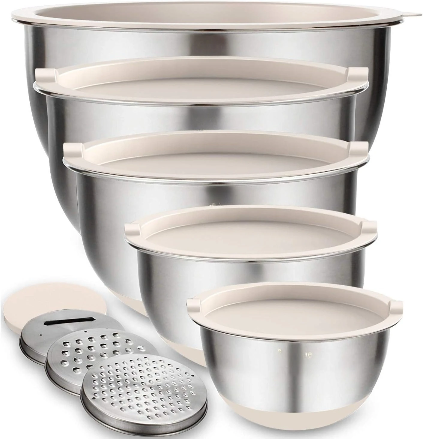 Mixing Bowls with Airtight Lids Set, 5PCS Stainless Steel Khaki Nesting Bowls for Kitchen, with Grater Attachments
Mixing Bowls with Airtight Lids Set, 5PCS Stainless Steel Khaki Nesting Bowls for Kitchen, with Grater Attachments