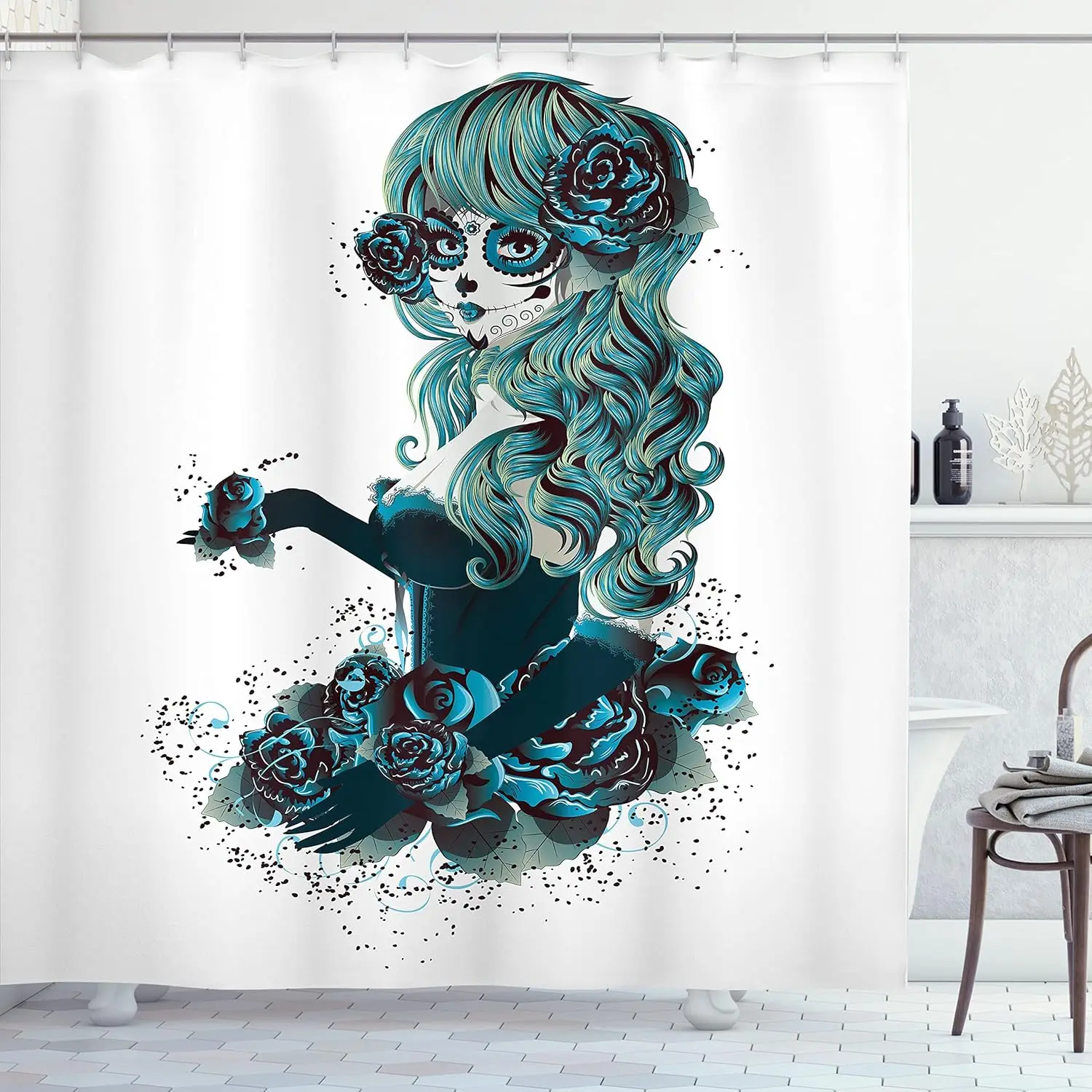 Day of the Dead Shower Curtain Sugar Skull Girl Blue Roses Art Print Halloween Decor Waterproof Fabric Mexican Folklore Design
Day of the Dead Shower Curtain Sugar Skull Girl Blue Roses Art Print Halloween Decor Waterproof Fabric Mexican Folklore Design