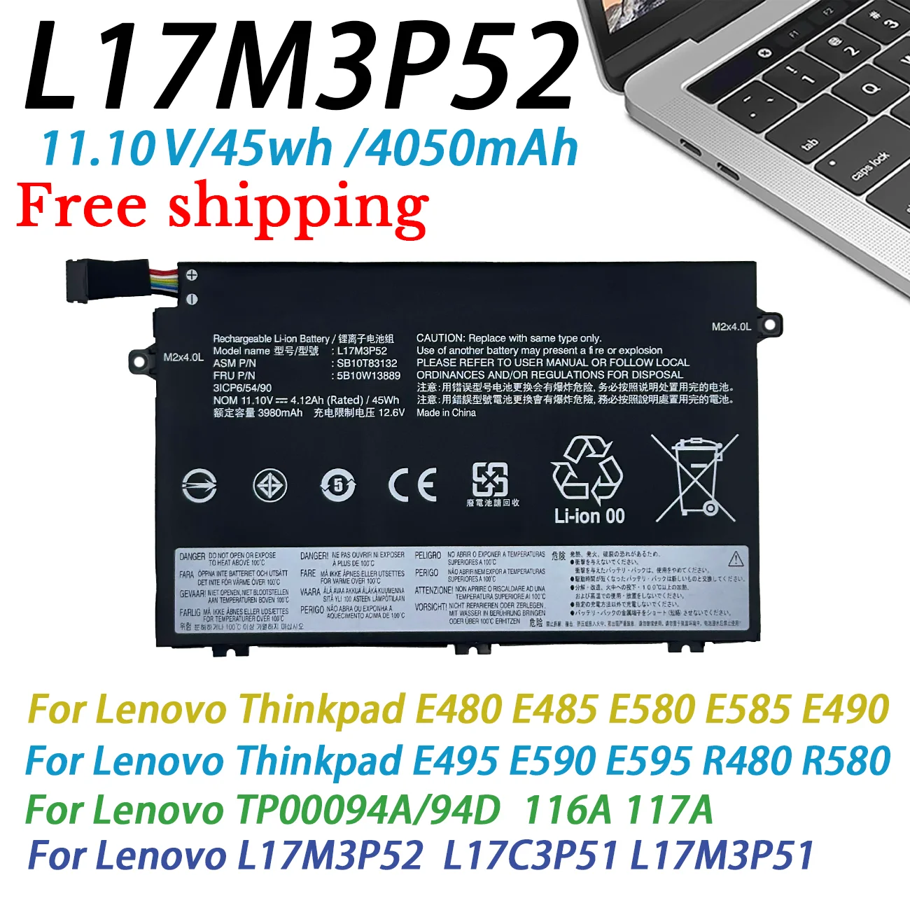 NEW L17M3P52 New Laptop battery for Lenovo Thinkpad E480 E490 L17C3P51 L17L3P51 L17M3P51 01AV445 01AV447 01AV448 E41-50 TP00094D
NEW L17M3P52 New Laptop battery for Lenovo Thinkpad E480 E490 L17C3P51 L17L3P51 L17M3P51 01AV445 01AV447 01AV448 E41-50 TP00094D