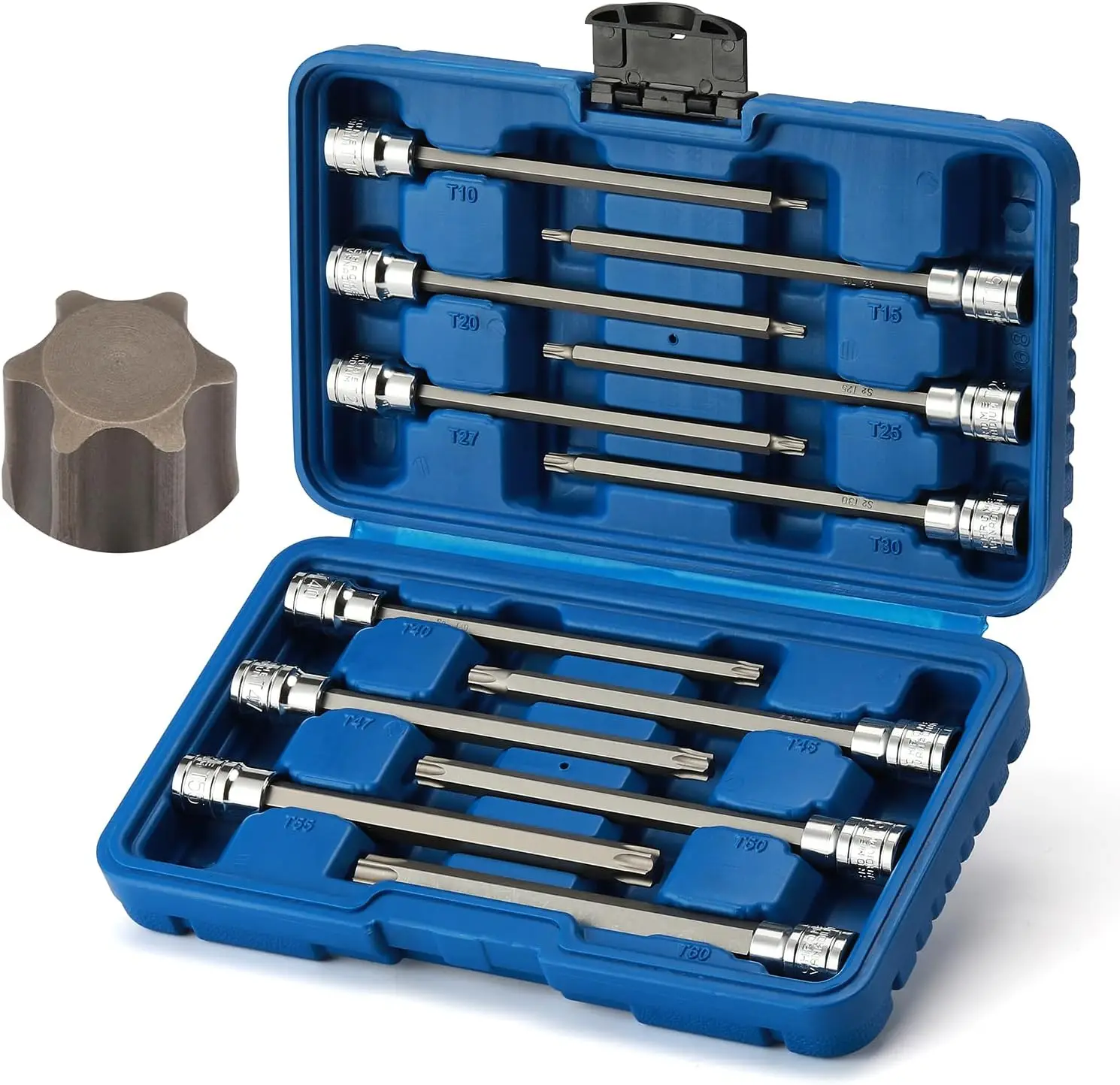 12PCS 3/8' Drive Extra Long Torx Bit Socket Set, T10-T60, 5.9' Length, CR-V, S2 Steel, Deep Star Bit Socket Set
12PCS 3/8' Drive Extra Long Torx Bit Socket Set, T10-T60, 5.9' Length, CR-V, S2 Steel, Deep Star Bit Socket Set