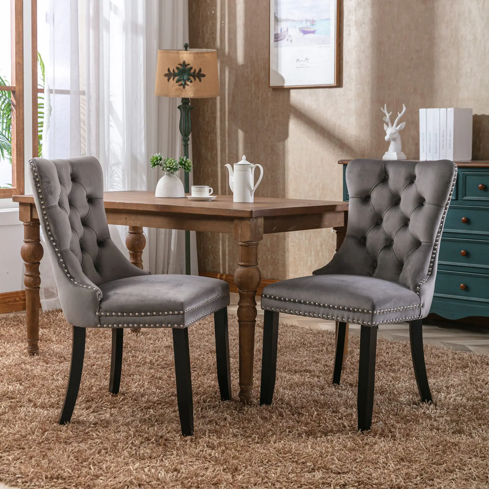 2-Piece Gray Velvet Dining Chairs with Nailhead Trim, Tufted Back & Solid Wood Legs
2-Piece Gray Velvet Dining Chairs with Nailhead Trim, Tufted Back & Solid Wood Legs