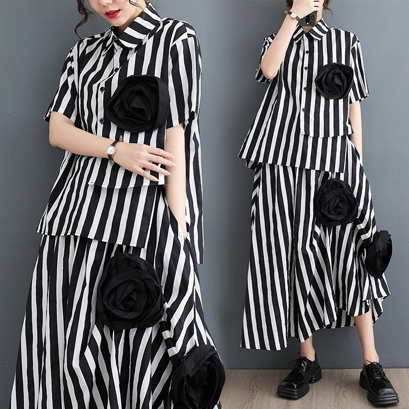 Korean Style Tie Flowers Decorated Loose Fit Two Pieces Set Woman Summer Oversized Striped Blouse Shirt And Skirt Outfit
Korean Style Tie Flowers Decorated Loose Fit Two Pieces Set Woman Summer Oversized Striped Blouse Shirt And Skirt Outfit