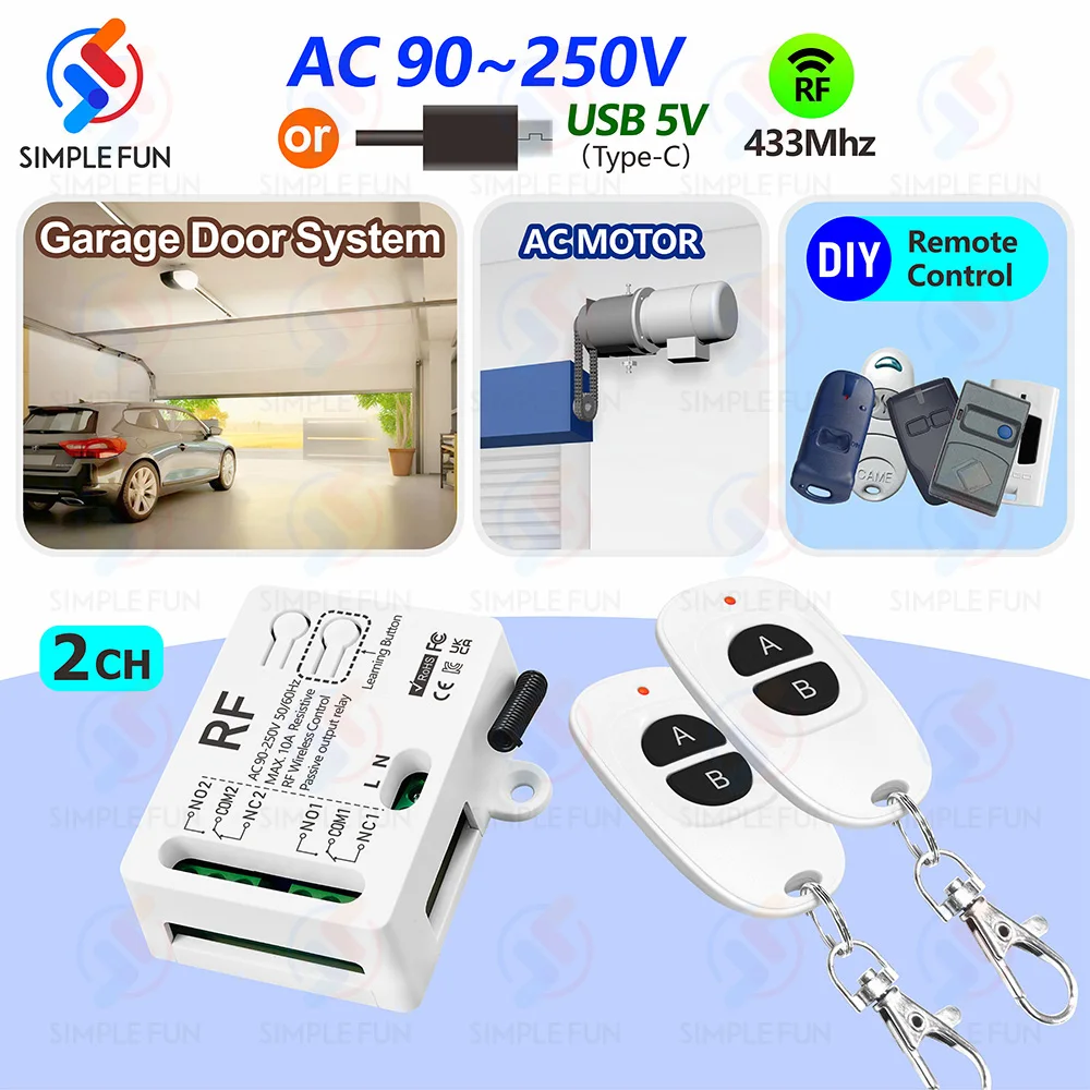 433MHz 2 CH Motor Remote Control Switch 90V-250V USB 5V RF Receiver Module for Motor/Garage Door Opener/DIY Remote control
433MHz 2 CH Motor Remote Control Switch 90V-250V USB 5V RF Receiver Module for Motor/Garage Door Opener/DIY Remote control