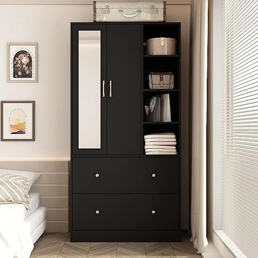 Wardrobe Armoire Wooden Closet with Mirror, 2 Doors, 2 Drawers, 4 Open Storage Cubes and Hanging Rod for Bedroom
Wardrobe Armoire Wooden Closet with Mirror, 2 Doors, 2 Drawers, 4 Open Storage Cubes and Hanging Rod for Bedroom