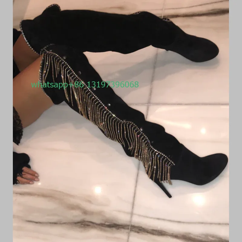 Lady black suede sexy gold bing tassel knee boots pointed toe suede party dance dress boots stiletto heel over the knee boots 46
Lady black suede sexy gold bing tassel knee boots pointed toe suede party dance dress boots stiletto heel over the knee boots 46