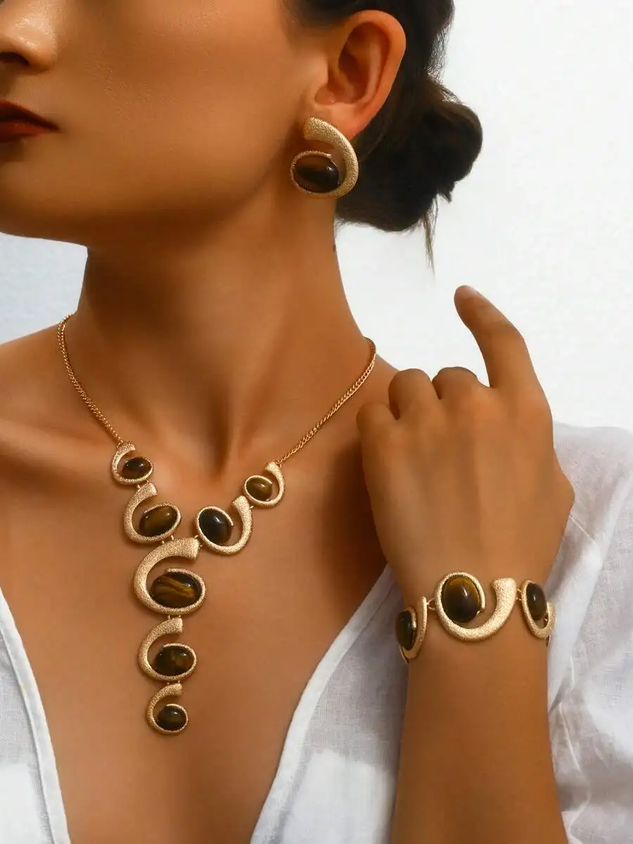 Elegant 4-Piece Gold-Tone Tiger Eye Jewelry Set: Statement Necklace, Earrings, And Cuff Bracelet For Women
Elegant 4-Piece Gold-Tone Tiger Eye Jewelry Set: Statement Necklace, Earrings, And Cuff Bracelet For Women