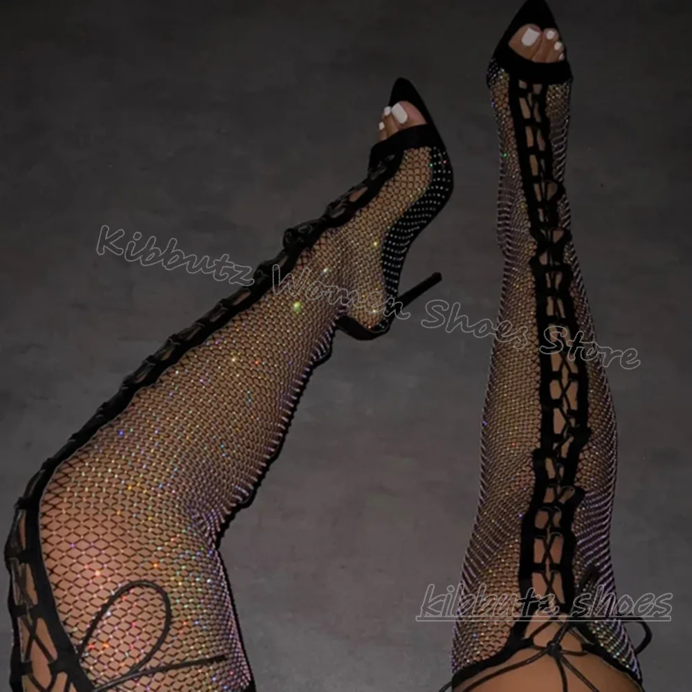 Black Diamante Mesh Sandals Over The Knee Crystal Lace Up Glossy Thin High Heel Pointy Fashion Luxury Sexy Shoes Solid Color New
Black Diamante Mesh Sandals Over The Knee Crystal Lace Up Glossy Thin High Heel Pointy Fashion Luxury Sexy Shoes Solid Color New