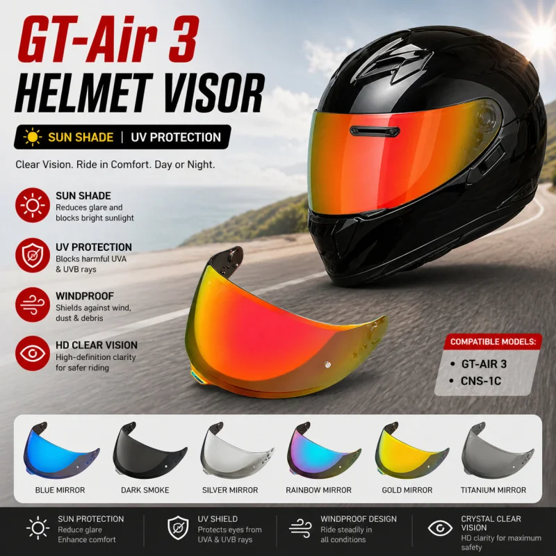 GT-Air 3 Helmet Visor for CNS-1C, Electroplated Mirror Lens, UV Protection Sunshade, Anti-Glare Windproof
GT-Air 3 Helmet Visor for CNS-1C, Electroplated Mirror Lens, UV Protection Sunshade, Anti-Glare Windproof