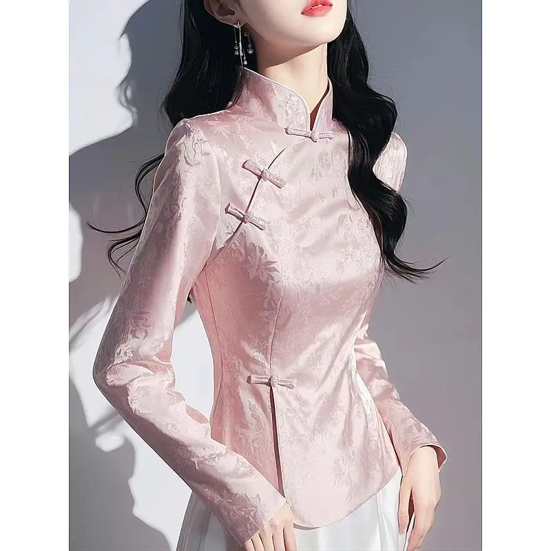 2025 Spring Chinese Style Pink Flower Shirt Women Satin Long Sleeve Casual Tang Suit Hanfu Spring Elegant Luxury Thin Blouse Top
2025 Spring Chinese Style Pink Flower Shirt Women Satin Long Sleeve Casual Tang Suit Hanfu Spring Elegant Luxury Thin Blouse Top