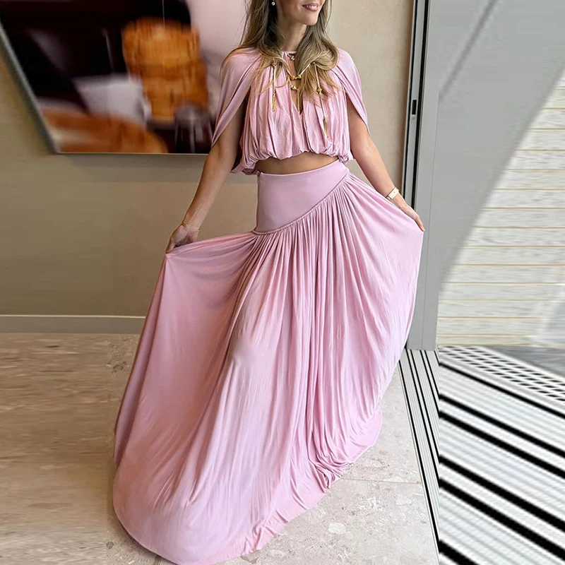 Elegant O-neck Hollow Out Top & Long Skirt Set Women Casual Cape Sleeve Solid 2Pc Outfits Fashion Draped Design Party 2Pc Suits
Elegant O-neck Hollow Out Top & Long Skirt Set Women Casual Cape Sleeve Solid 2Pc Outfits Fashion Draped Design Party 2Pc Suits