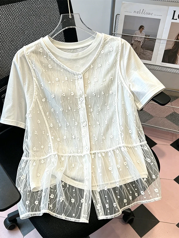 plus Size Summer New Women's Slimming Lace Trim T-Shirt Two-Piece Set Short Sleeve Korean Style Loose Fit High Waist Daily Wear
plus Size Summer New Women's Slimming Lace Trim T-Shirt Two-Piece Set Short Sleeve Korean Style Loose Fit High Waist Daily Wear
