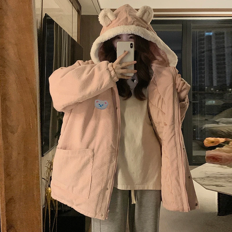 Fashion Corduroy Hooded Cotton Coat Women's Korean Style Gentle Wind Cute Ears Winter Warm Apricot Pink Cotton Coat
Fashion Corduroy Hooded Cotton Coat Women's Korean Style Gentle Wind Cute Ears Winter Warm Apricot Pink Cotton Coat
