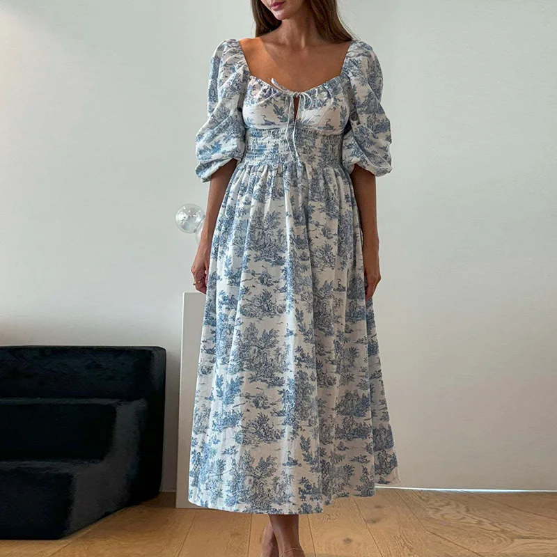Spring Summer Half Sleeved High Waist Long Dress Fashion Lace Up Holiday Dresses Elegant Ladies V Neck Floral Print Party Dress
Spring Summer Half Sleeved High Waist Long Dress Fashion Lace Up Holiday Dresses Elegant Ladies V Neck Floral Print Party Dress