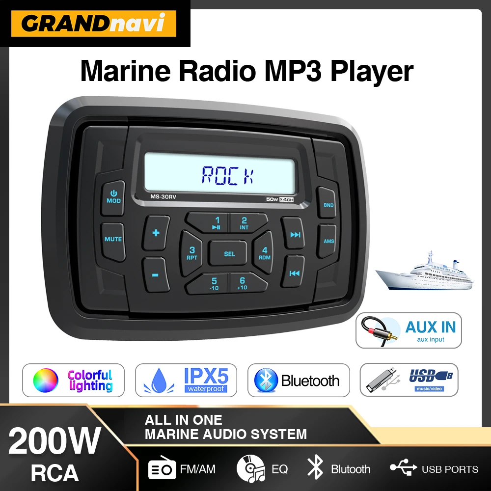 GRANDnavi Marine Stereo Boat Radio For Yacht Gauge ATV UTV Cart Golf car IPX5 Waterproof Bluetooth FM AM Media Audio Player
GRANDnavi Marine Stereo Boat Radio For Yacht Gauge ATV UTV Cart Golf car IPX5 Waterproof Bluetooth FM AM Media Audio Player