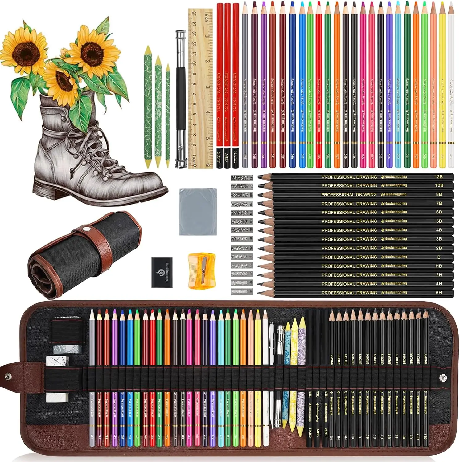 50-Piece Art Pencil Set: 24 Colored, 14 Graphite, 3 Charcoal, Eraser, Sharpener, Blending Stumps, Ruler, Canvas Bag
50-Piece Art Pencil Set: 24 Colored, 14 Graphite, 3 Charcoal, Eraser, Sharpener, Blending Stumps, Ruler, Canvas Bag