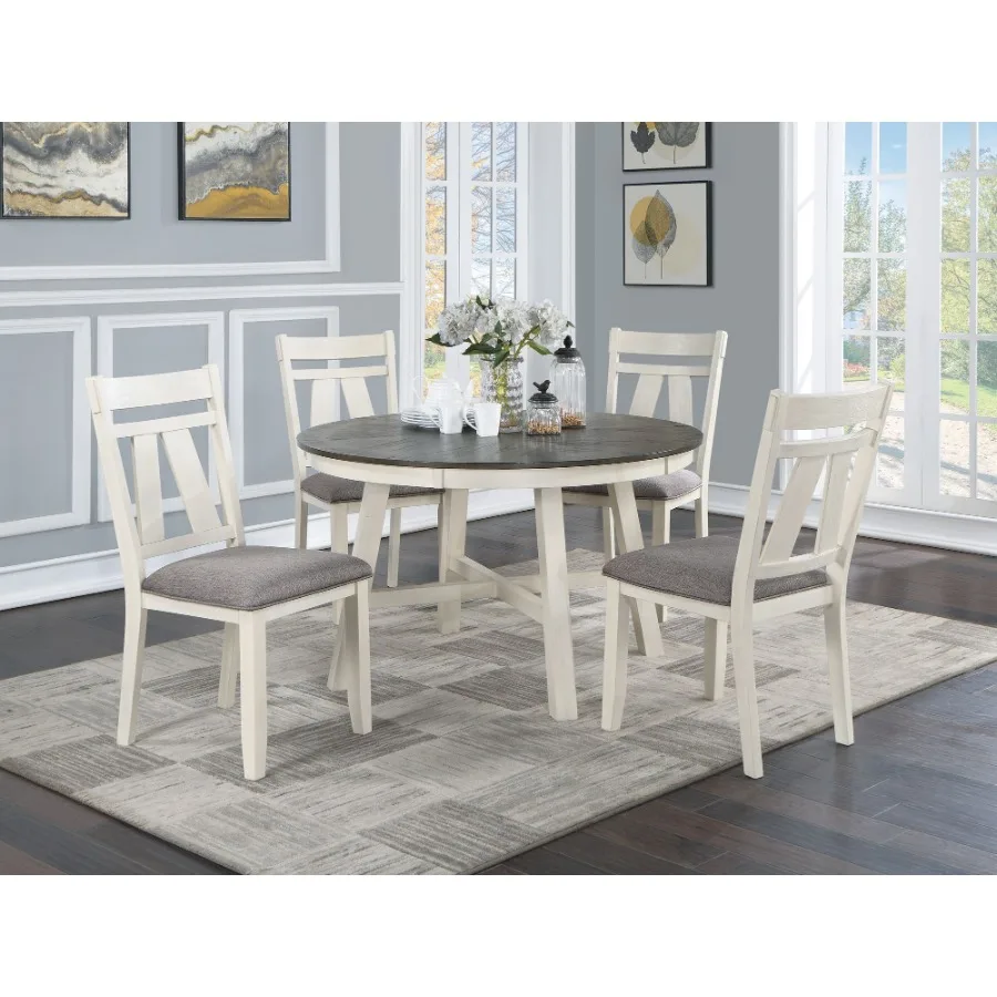 Dining Room Furniture 5pc Dining Set Round Table And 4x Side Chairs Gray Fabric Cushion Seat White Clean Lines Wooden Table Top
Dining Room Furniture 5pc Dining Set Round Table And 4x Side Chairs Gray Fabric Cushion Seat White Clean Lines Wooden Table Top