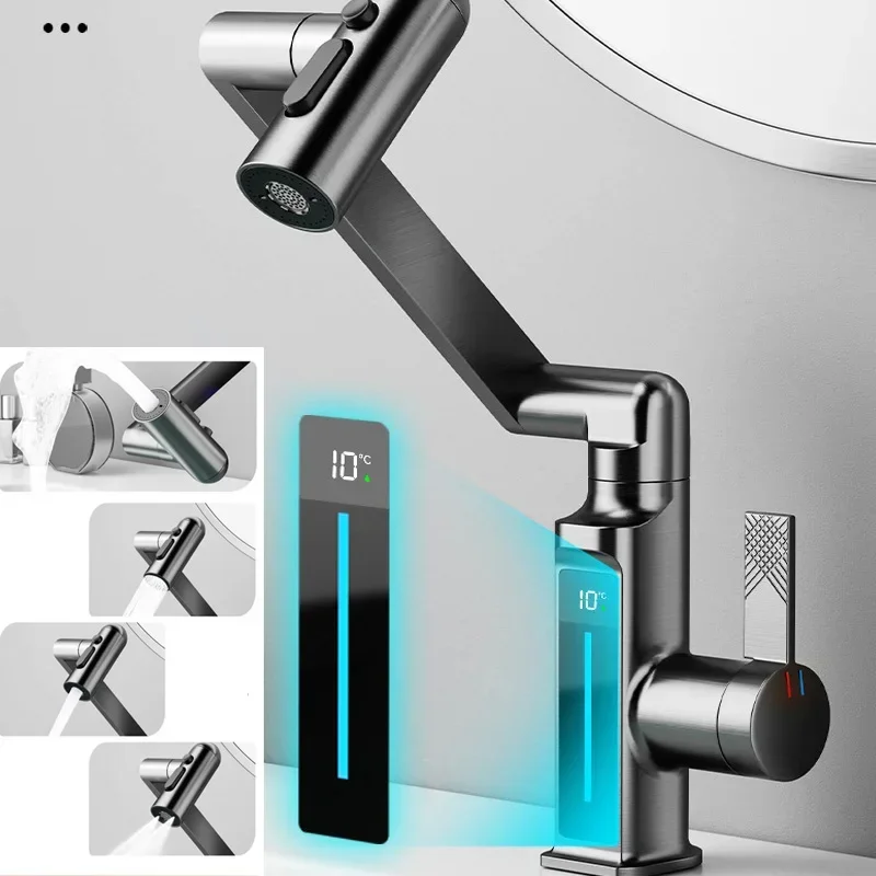 360 degree rotating faucet with universal digital display washbasin bathroom hot and cold multifunctional mechanical arm faucet
360 degree rotating faucet with universal digital display washbasin bathroom hot and cold multifunctional mechanical arm faucet