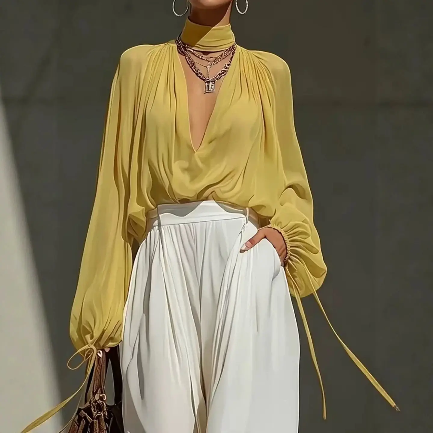 Women Shirt Loose Casual Mock Neck Deep V Chiffon Blouse Long Drawstring Puff Sleeve Woman Shirts Spring Summer Fashion Shirts
Women Shirt Loose Casual Mock Neck Deep V Chiffon Blouse Long Drawstring Puff Sleeve Woman Shirts Spring Summer Fashion Shirts