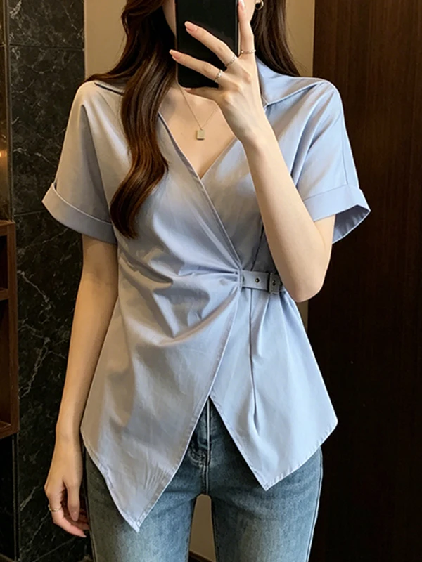 plus Size Summer New Elegant V-Neck Short Sleeve Shirt Slimming Asymmetrical Belted Waist Top for plus Size Women Korean Style
plus Size Summer New Elegant V-Neck Short Sleeve Shirt Slimming Asymmetrical Belted Waist Top for plus Size Women Korean Style