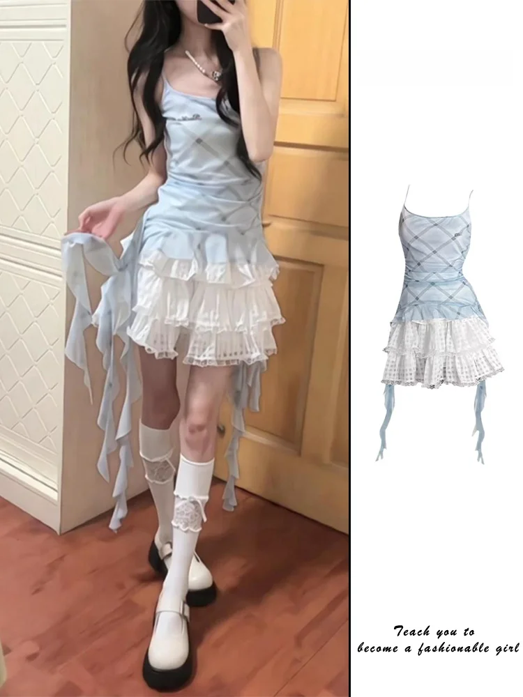 Summer Vacation Blue Plaid Strap Women's Top And Skirt Set Lace Cake Half Skirt Tank Top Set round Neck Two Piece Suit
Summer Vacation Blue Plaid Strap Women's Top And Skirt Set Lace Cake Half Skirt Tank Top Set round Neck Two Piece Suit