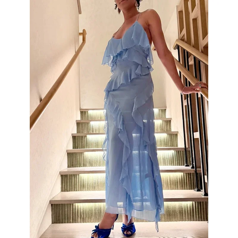Summer Sexy V Neck Sleeveless Backless Ruffle Trim Midi Dress for Women Elegant Chic Zipper Beach Party Dress
Summer Sexy V Neck Sleeveless Backless Ruffle Trim Midi Dress for Women Elegant Chic Zipper Beach Party Dress