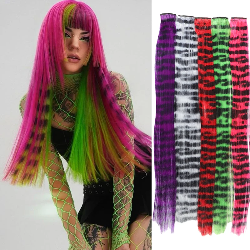Synthetic Hair Extensions Stripe Printed Hairpiece Long Colorful Straight Clip-in Hair Feathers for Halloween Party Festival Use
Synthetic Hair Extensions Stripe Printed Hairpiece Long Colorful Straight Clip-in Hair Feathers for Halloween Party Festival Use
