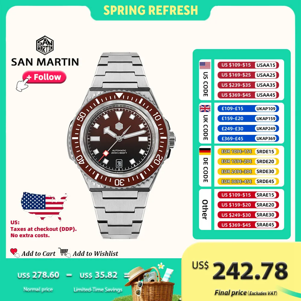 San Martin 41mm Men Diver Watch NH35 Stainless Steel Automatic Mechanical Watches 20ATM Water Resistant BGW-X1 Luminous SN0146
San Martin 41mm Men Diver Watch NH35 Stainless Steel Automatic Mechanical Watches 20ATM Water Resistant BGW-X1 Luminous SN0146