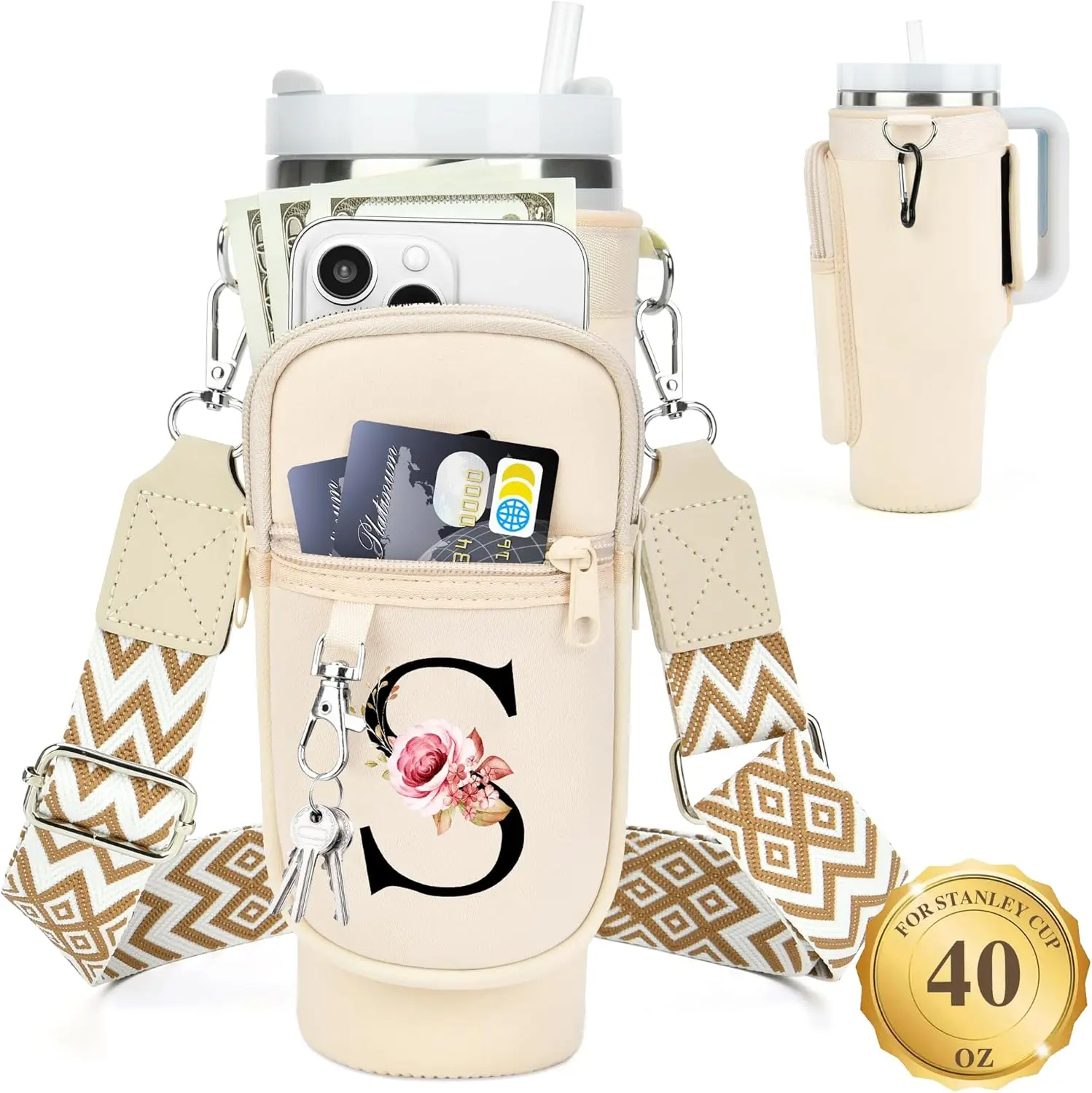 Personalized Water Bottle Holder with Strap for 40 oz Tumbler, Initial Design, Neoprene Carrier Bag with Phone Pocket, Gifts for Women
Personalized Water Bottle Holder with Strap for 40 oz Tumbler, Initial Design, Neoprene Carrier Bag with Phone Pocket, Gifts for Women