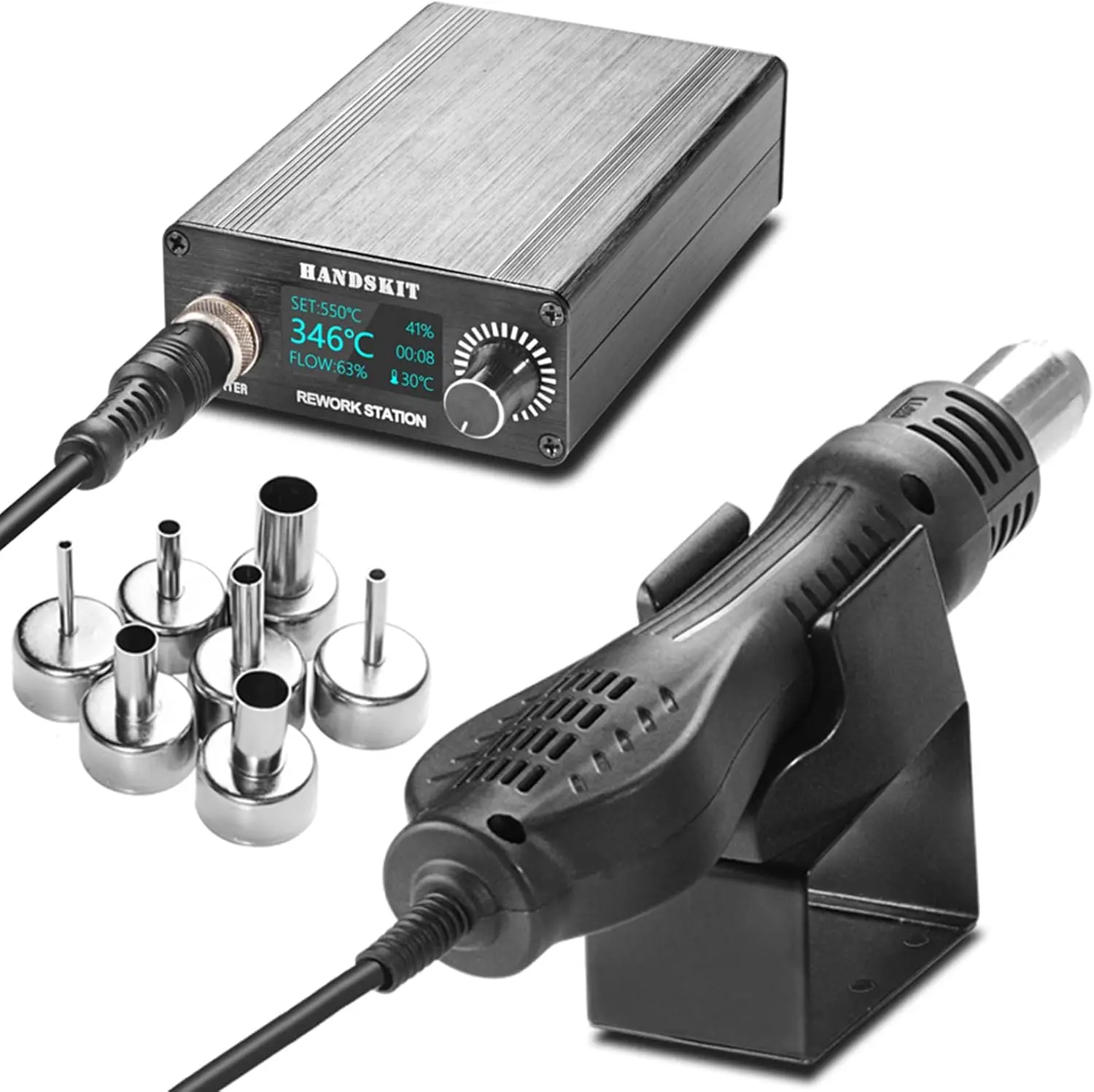 Digital Display Adjustable Temperature Hot Air Rework Soldering Station with 7 Nozzles, 700W SMD Welding Heat Gun Kit
Digital Display Adjustable Temperature Hot Air Rework Soldering Station with 7 Nozzles, 700W SMD Welding Heat Gun Kit