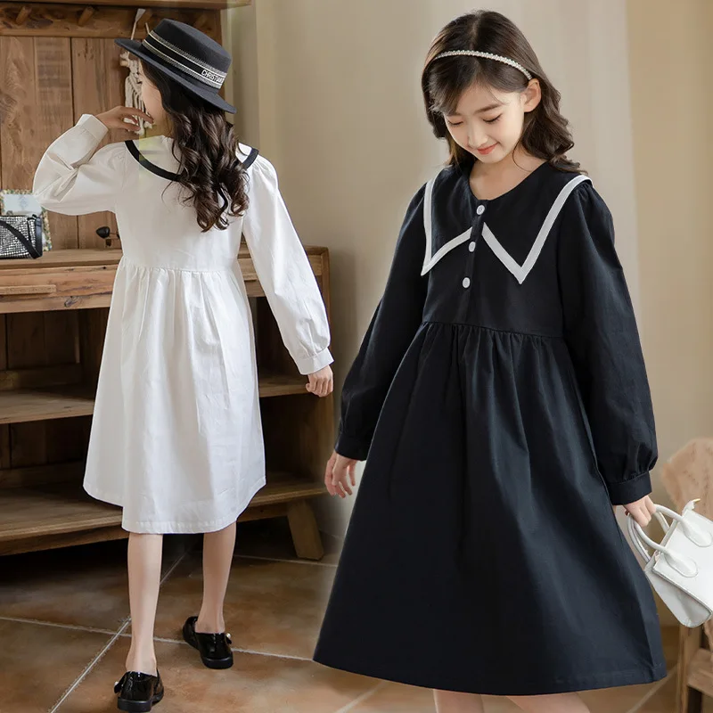 5-16Y Korean Fashion Kids Dresses For Teenage Girls Black/White Cotton Turn-down Collar Solid Dress Spring Fall Children Clothes
5-16Y Korean Fashion Kids Dresses For Teenage Girls Black/White Cotton Turn-down Collar Solid Dress Spring Fall Children Clothes