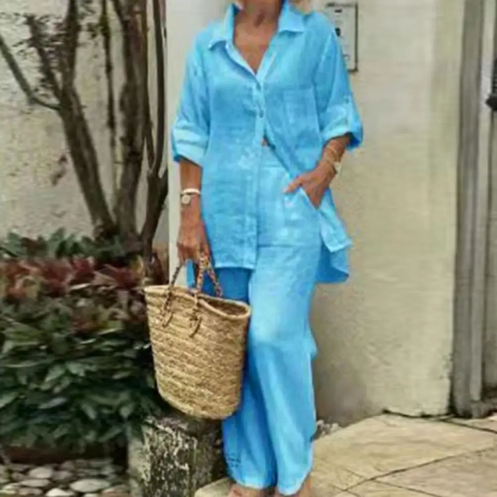 Women Solid Color Suit Set Elegant Women's Shirt Pants Set with Turn-down Collar Long Sleeve Top Wide Leg Elastic Waist for A
Women Solid Color Suit Set Elegant Women's Shirt Pants Set with Turn-down Collar Long Sleeve Top Wide Leg Elastic Waist for A