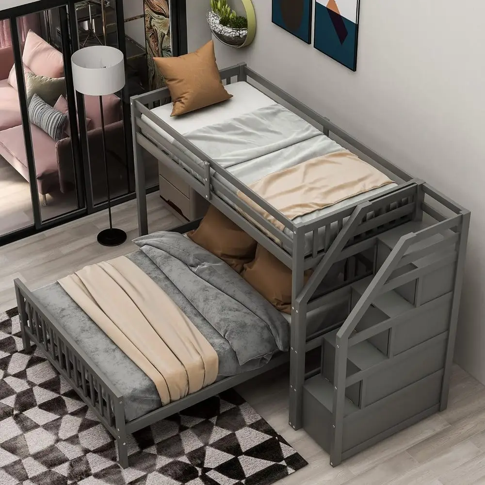 L-Shaped Bunk Bed with Stairs, Storage, and Guardrail - Twin Over Full, Grey
L-Shaped Bunk Bed with Stairs, Storage, and Guardrail - Twin Over Full, Grey