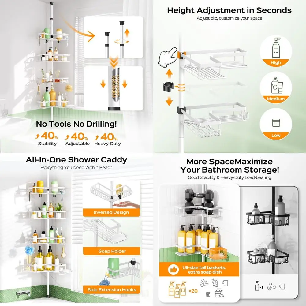 4-х уровневая регулируемая душевая кабина белого цвета: нержавеющий органайзер для ванной комнаты с держателем для мыла и крючками для столбов 47-123 дюймов
4-х уровневая регулируемая душевая кабина белого цвета: нержавеющий органайзер для ванной комнаты с держателем для мыла и крючками для столбов 47-123 дюймов