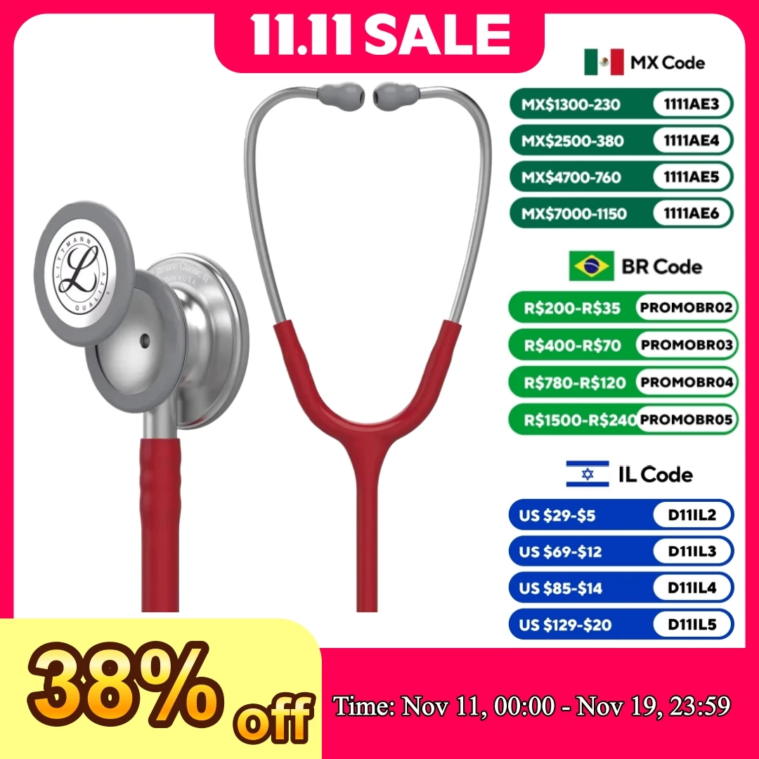 3M Littmann Classic III Monitoring Stethoscope 5627 Wine Red Tube Stainless Stem and Headset For Doctor Nurse Health Care
3M Littmann Classic III Monitoring Stethoscope 5627 Wine Red Tube Stainless Stem and Headset For Doctor Nurse Health Care