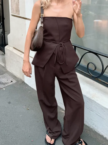 Women's Two-Piece Set Summer Deep Brown Retro Style Strapless Design with Off Shoulder Lace Up Top and Pants Two-Piece Set
Women's Two-Piece Set Summer Deep Brown Retro Style Strapless Design with Off Shoulder Lace Up Top and Pants Two-Piece Set