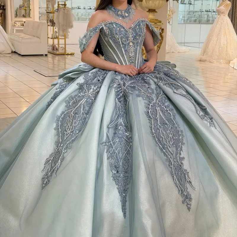 Blue Quinceanera Dresses Off the Shoulder Glitter Crystal Decal Lace Long tail Big Bow Vestido De 15 Quinceanera Customize
Blue Quinceanera Dresses Off the Shoulder Glitter Crystal Decal Lace Long tail Big Bow Vestido De 15 Quinceanera Customize