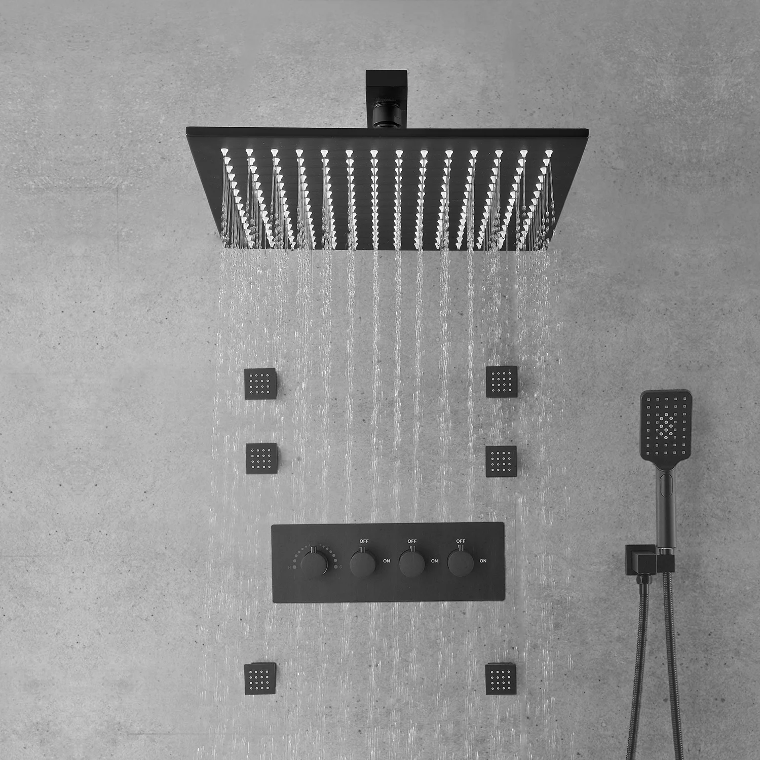 Bathroom Wall Shower Black Shower Head 250*250MM Brass Rain Shower Faucets Thermostatic Shower Set With 2 Inch Body Jets
Bathroom Wall Shower Black Shower Head 250*250MM Brass Rain Shower Faucets Thermostatic Shower Set With 2 Inch Body Jets