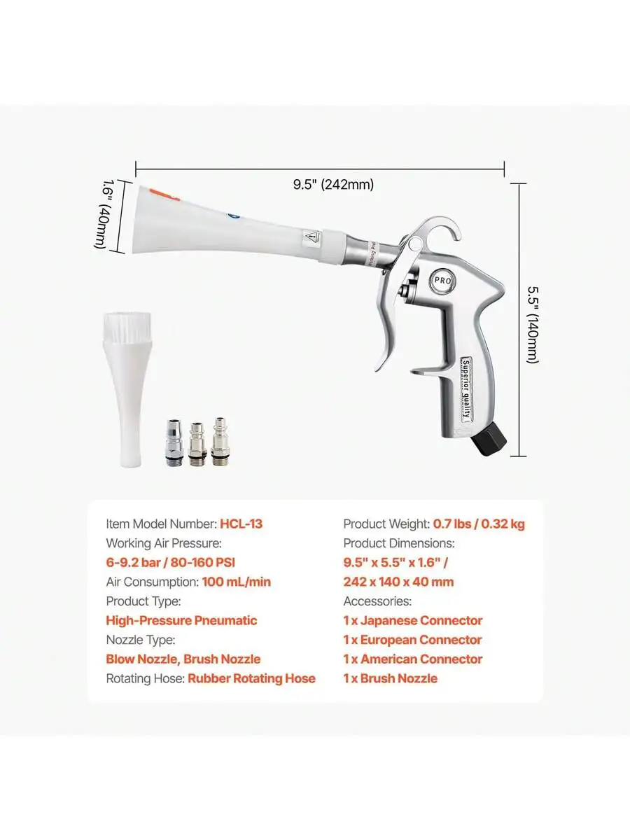 High-Pressure Pneumatic Air Blow Gun With Brush Nozzle And Rotating Hose For Car Cleaning
High-Pressure Pneumatic Air Blow Gun With Brush Nozzle And Rotating Hose For Car Cleaning