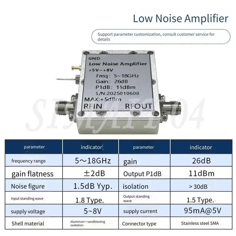 5-18GHz -low Noise Amplifier LNA R-F Amplifier Gain 26dB Noise Figure 1.5dB
5-18GHz -low Noise Amplifier LNA R-F Amplifier Gain 26dB Noise Figure 1.5dB