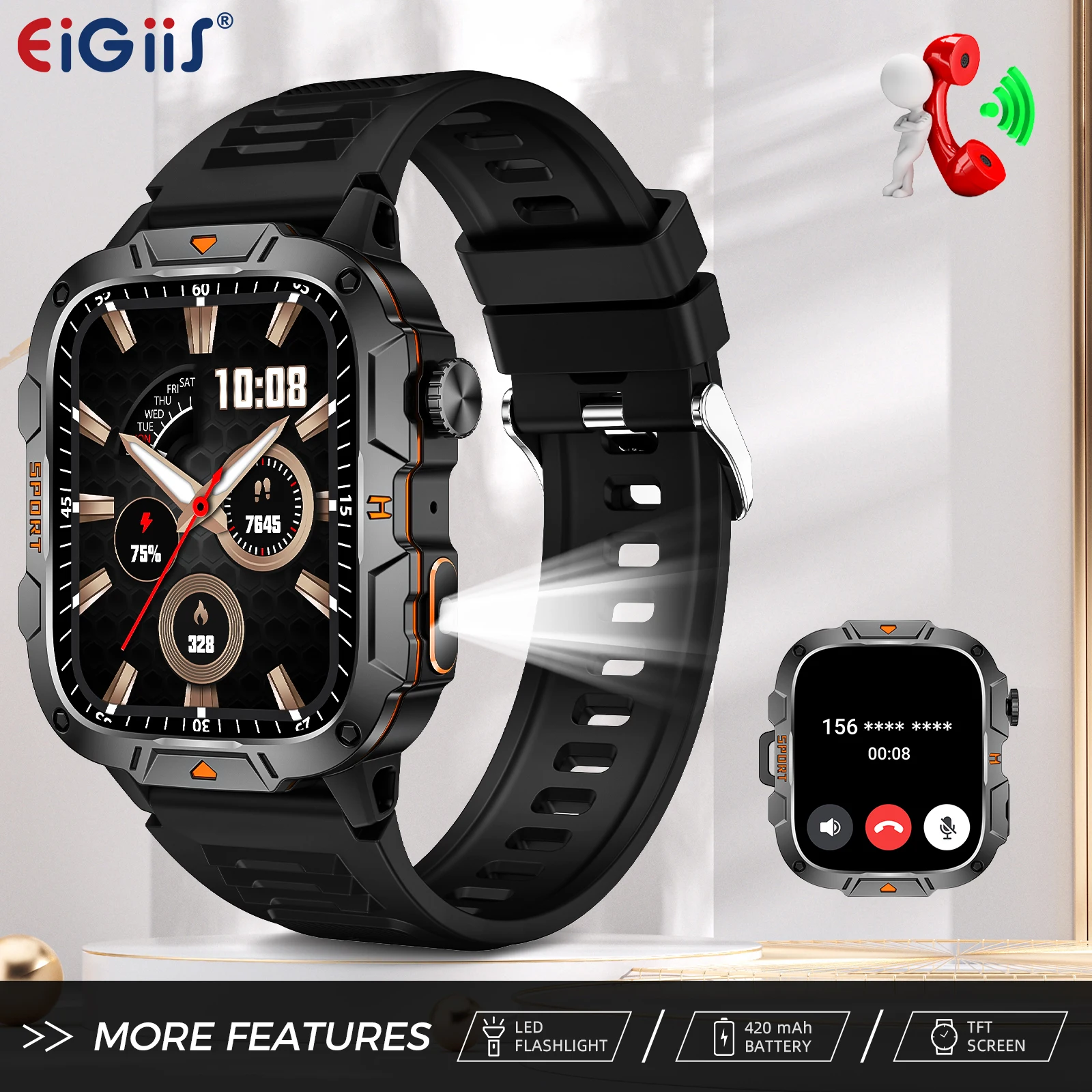 EIGIIS Men Smart Watches with LED Flashlight 1.96"Screen 420mAh Battery Activity Tracker with 100+ Sport Modes and Sport Records
EIGIIS Men Smart Watches with LED Flashlight 1.96"Screen 420mAh Battery Activity Tracker with 100+ Sport Modes and Sport Records