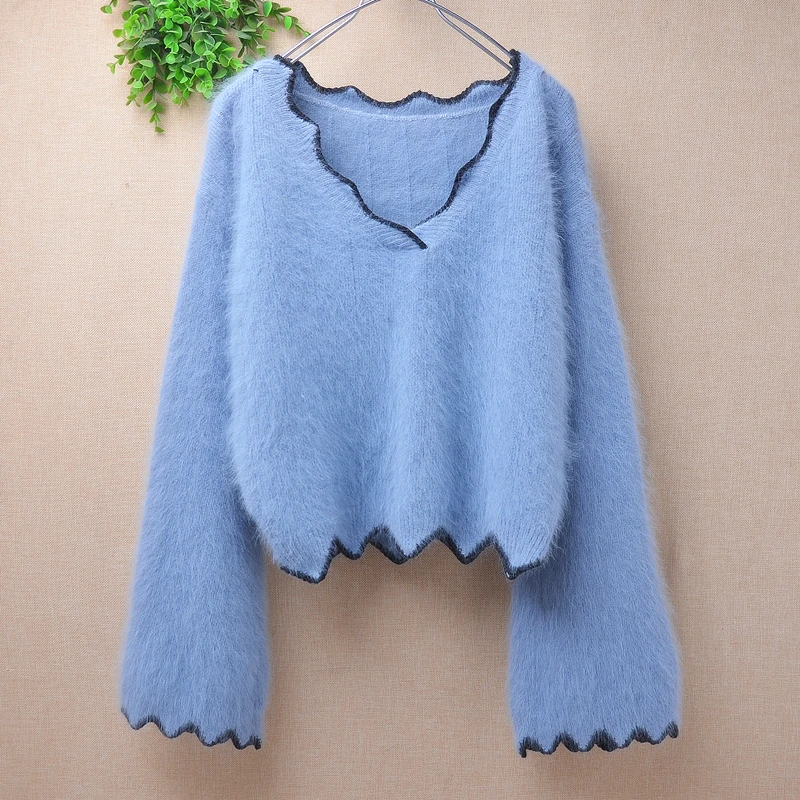 Ladies Women Autumn Winter Clothing Fashion Blue Hairy Angora Rabbit Hair Knitted V-Neck Crop Top Loose Pullover Sweater Jumper
Ladies Women Autumn Winter Clothing Fashion Blue Hairy Angora Rabbit Hair Knitted V-Neck Crop Top Loose Pullover Sweater Jumper