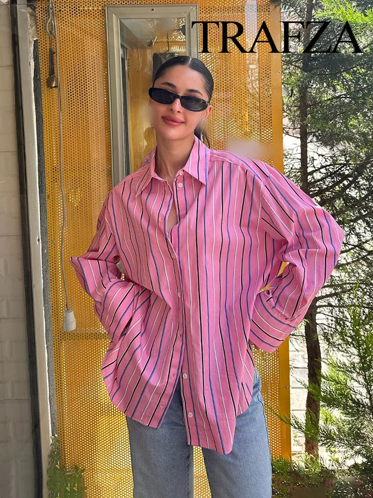TRAFZA Women Chic Pink Striped Turn-down Collar Shirts Casual Woman New Summer Single Breasted Loose Blouses Streetwear Traf
TRAFZA Women Chic Pink Striped Turn-down Collar Shirts Casual Woman New Summer Single Breasted Loose Blouses Streetwear Traf