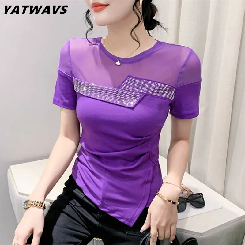 New Summer Korean T-Shirt Chic Sexy O-Neck Shiny Diamonds Women Tops Mesh Patchwork Transparent Short Sleeve Irregular Tees
New Summer Korean T-Shirt Chic Sexy O-Neck Shiny Diamonds Women Tops Mesh Patchwork Transparent Short Sleeve Irregular Tees