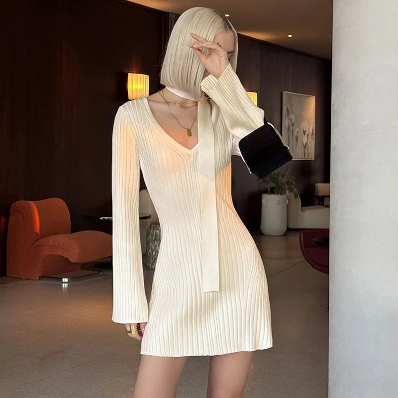 Ticketsx Elegant V-neck Long Sleeve Knit Mini Dress Solid Scarf Bibbon Patchwork Slim Dress Autumn Birthday Date Ladies Dress
Ticketsx Elegant V-neck Long Sleeve Knit Mini Dress Solid Scarf Bibbon Patchwork Slim Dress Autumn Birthday Date Ladies Dress
