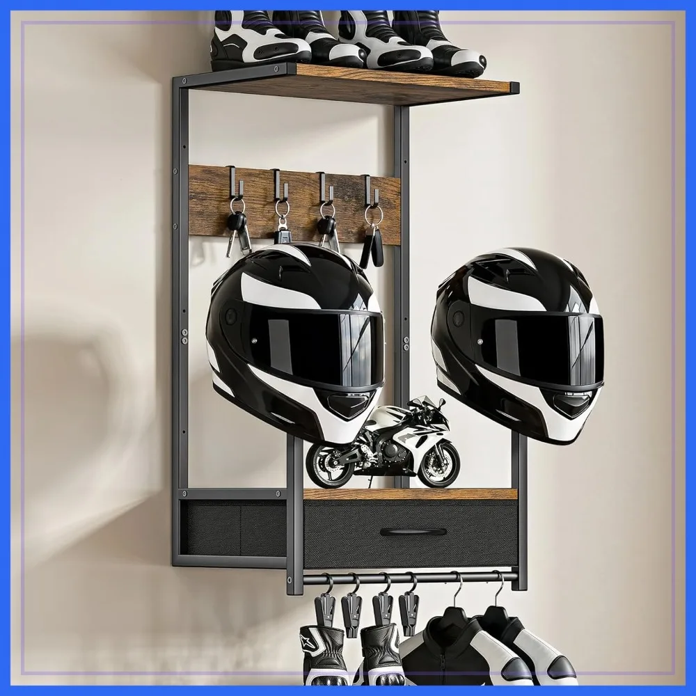 Motorcycle Helmet Wall Mount with Fabric Drawer, 4 Glove Chips & 4 Hooks for Riding Suits, Helmet Stand Display for Bike Helmets
Motorcycle Helmet Wall Mount with Fabric Drawer, 4 Glove Chips & 4 Hooks for Riding Suits, Helmet Stand Display for Bike Helmets
