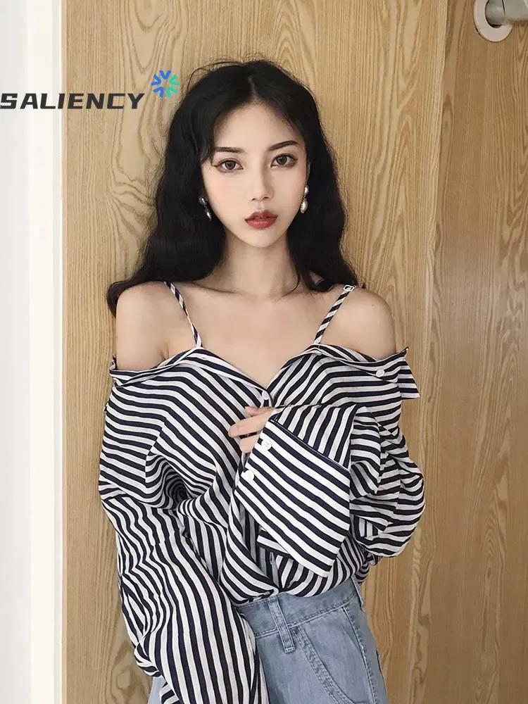 Korean Chic stripes sexy halter strapless tops long-sleeved medium-length single-breasted shirt female
Korean Chic stripes sexy halter strapless tops long-sleeved medium-length single-breasted shirt female