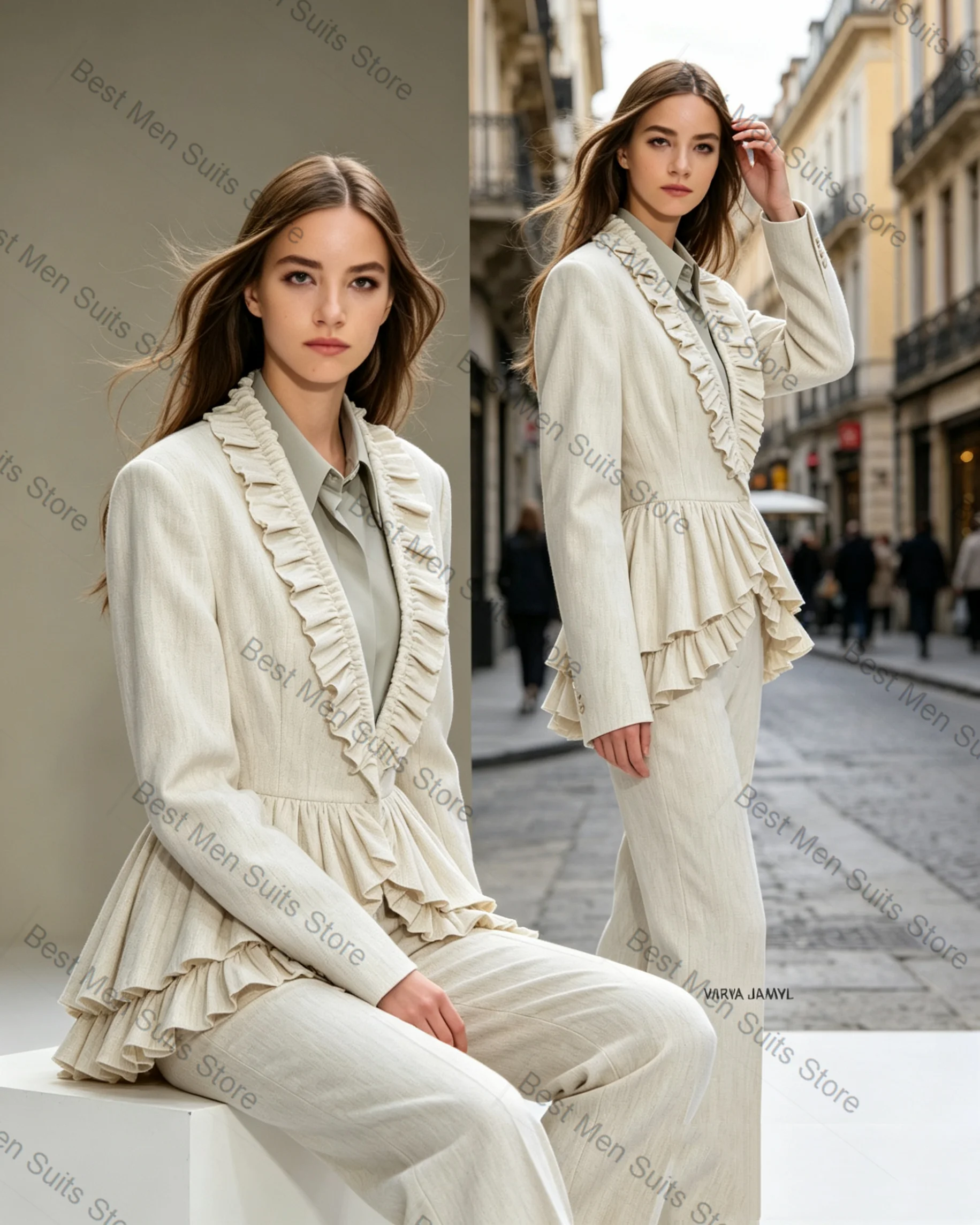 Ivory Women Suit Set 2 Pcs Blazer+Pants Trousers Cotton Ruffles Hem Formal Office Lady Jacket Customized Wedding Guest Coat
Ivory Women Suit Set 2 Pcs Blazer+Pants Trousers Cotton Ruffles Hem Formal Office Lady Jacket Customized Wedding Guest Coat